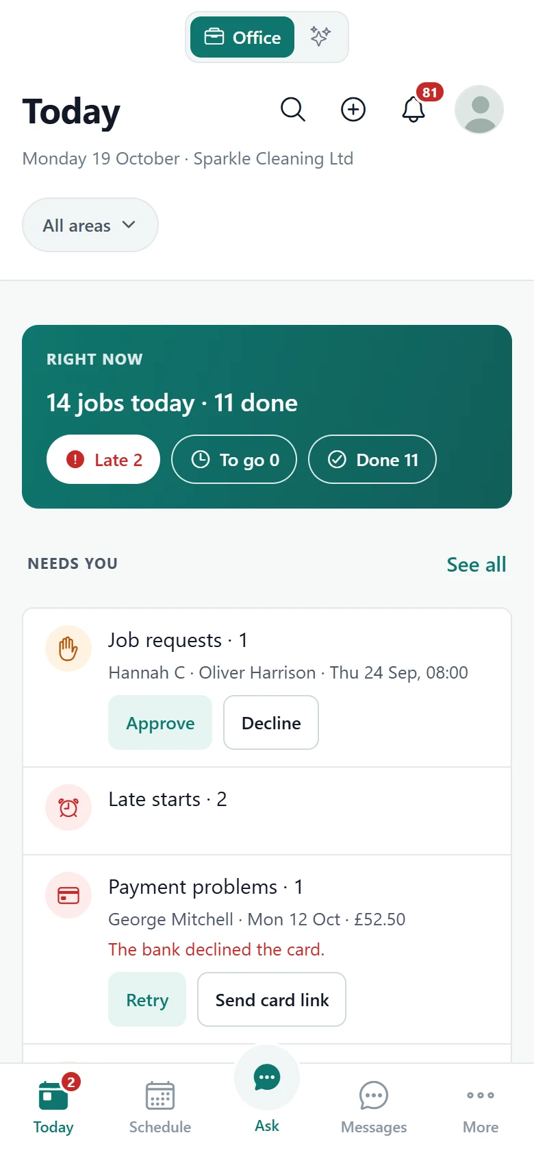 Screenshot of Office dashboard — Today