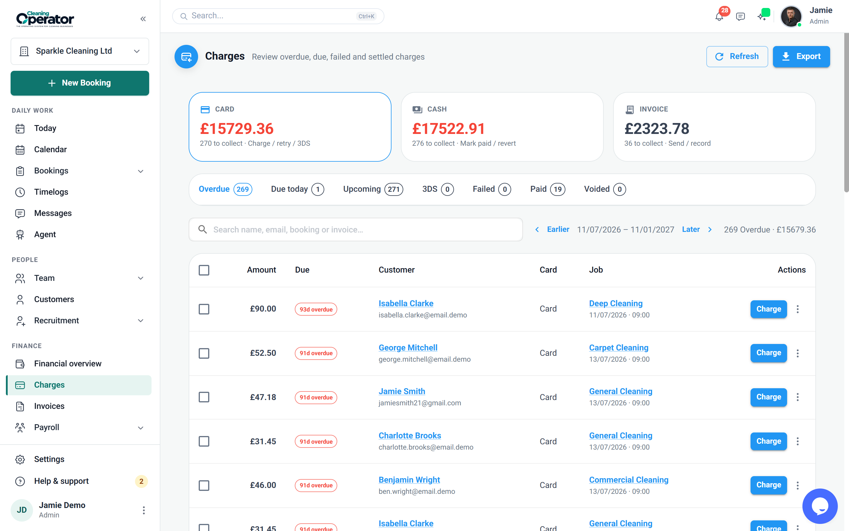 Screenshot of Bookings — Charges