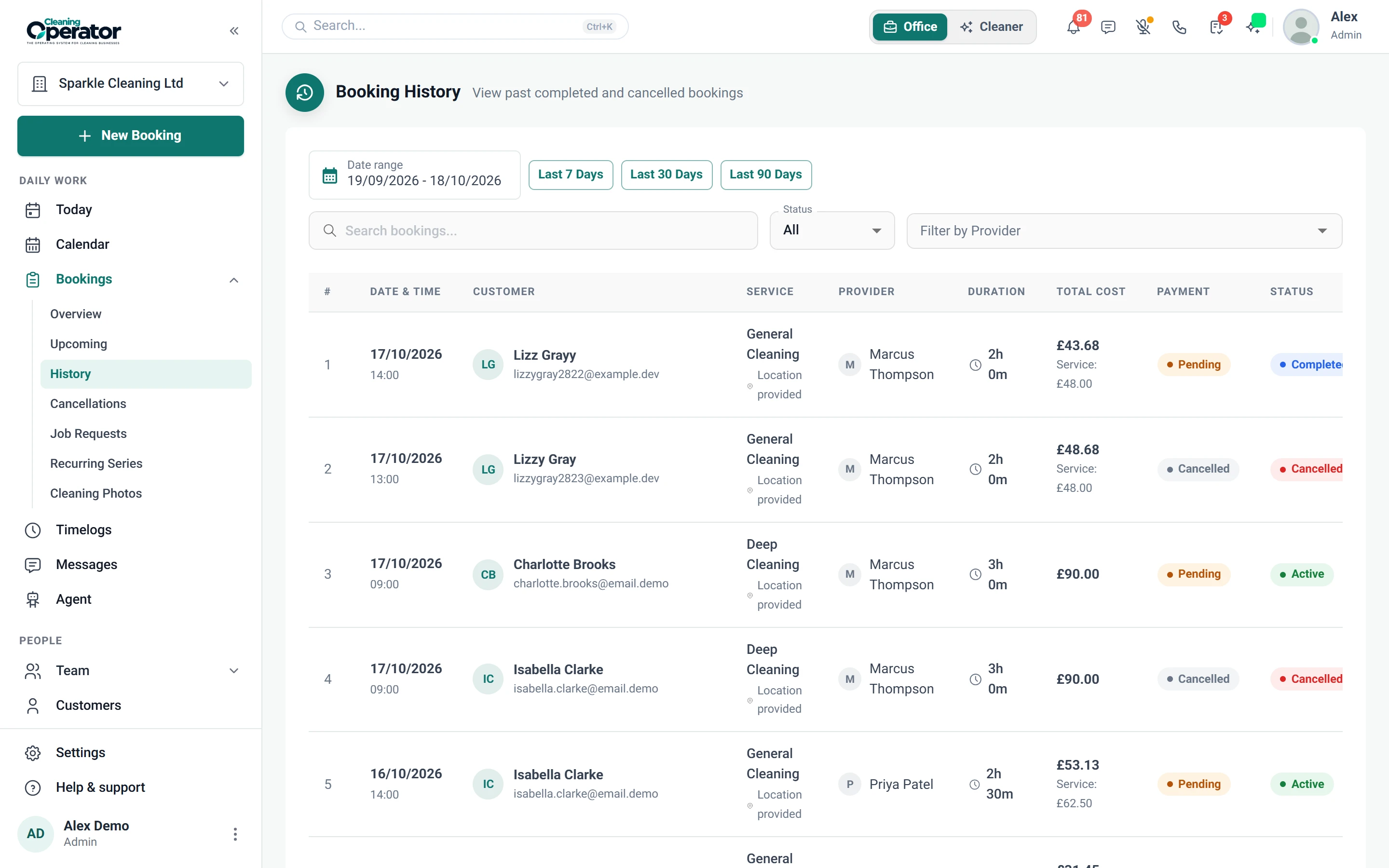 Screenshot of Bookings — History