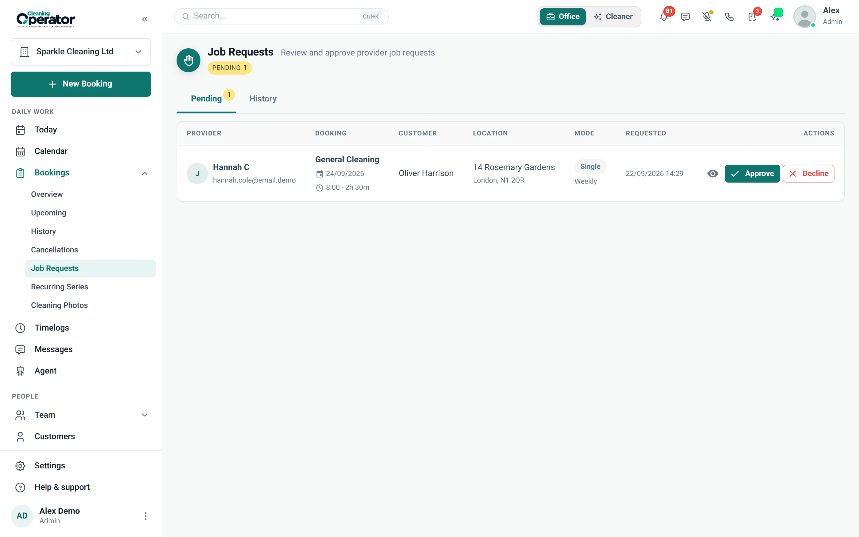 Screenshot of Bookings — Job Requests