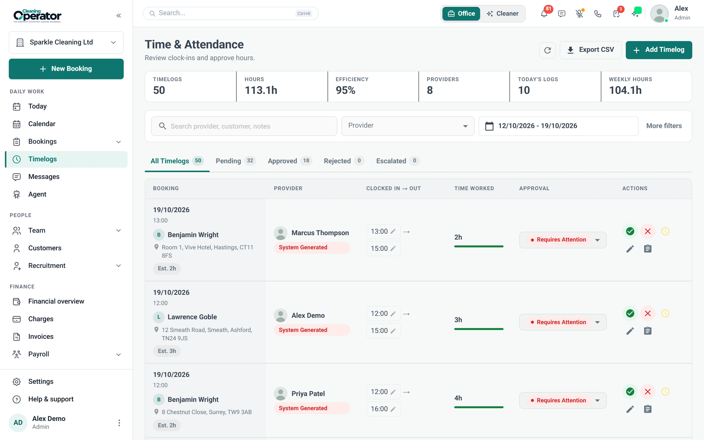 Screenshot of Bookings — Timelogs