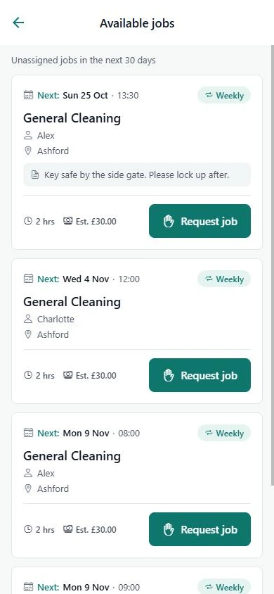 Screenshot of Cleaner dashboard — Available jobs
