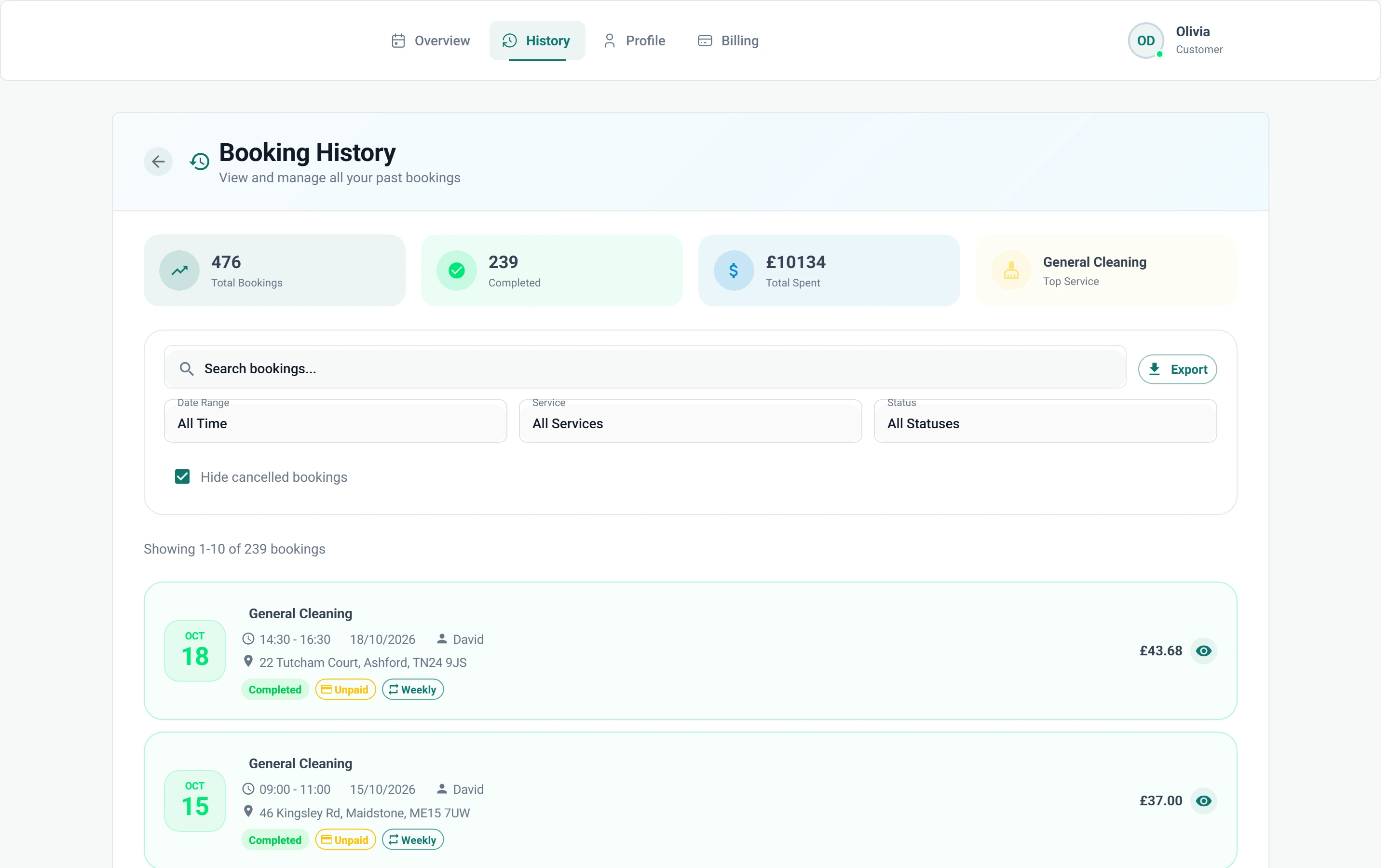 Screenshot of Customer portal — History