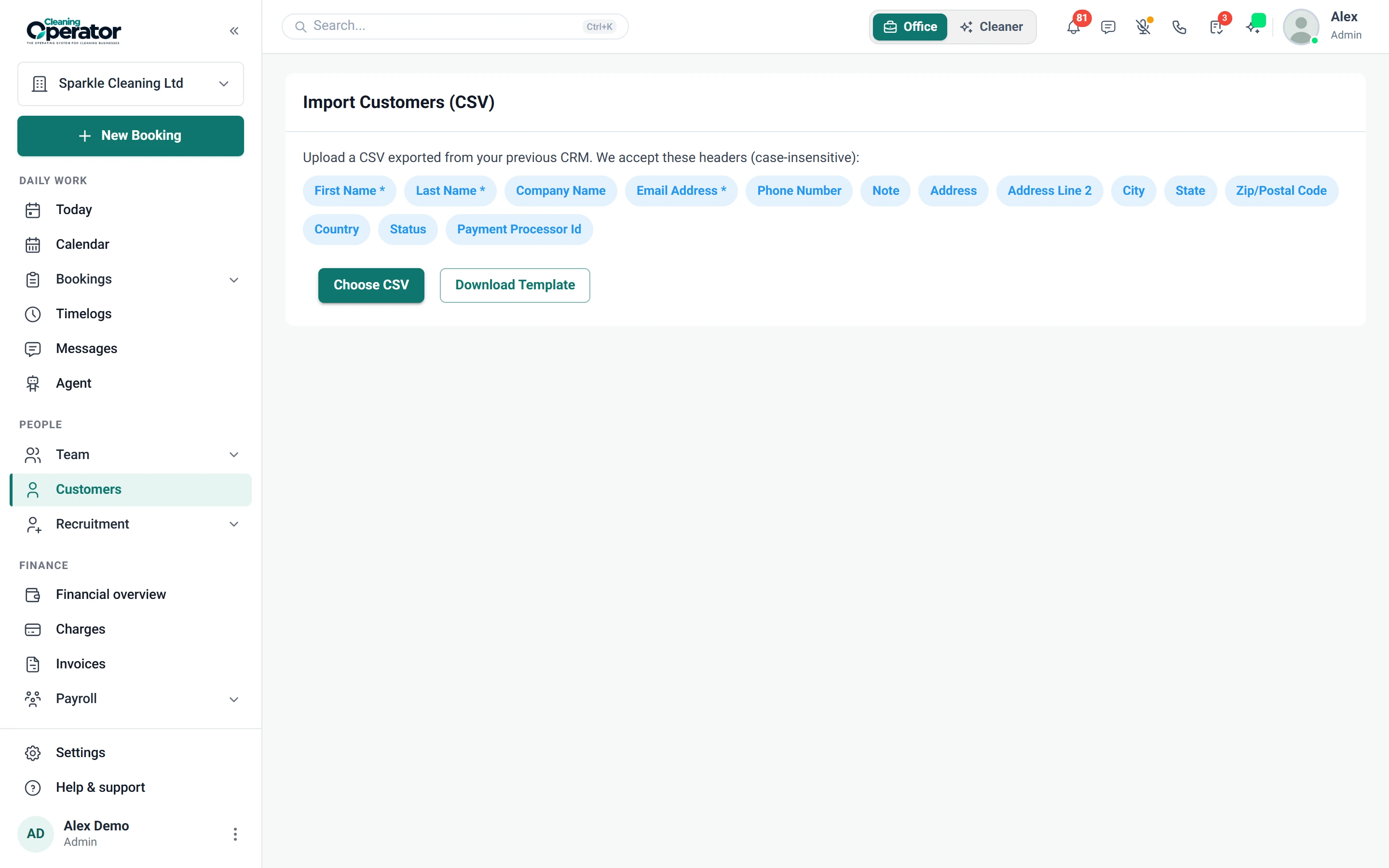 Screenshot of Customers — Import