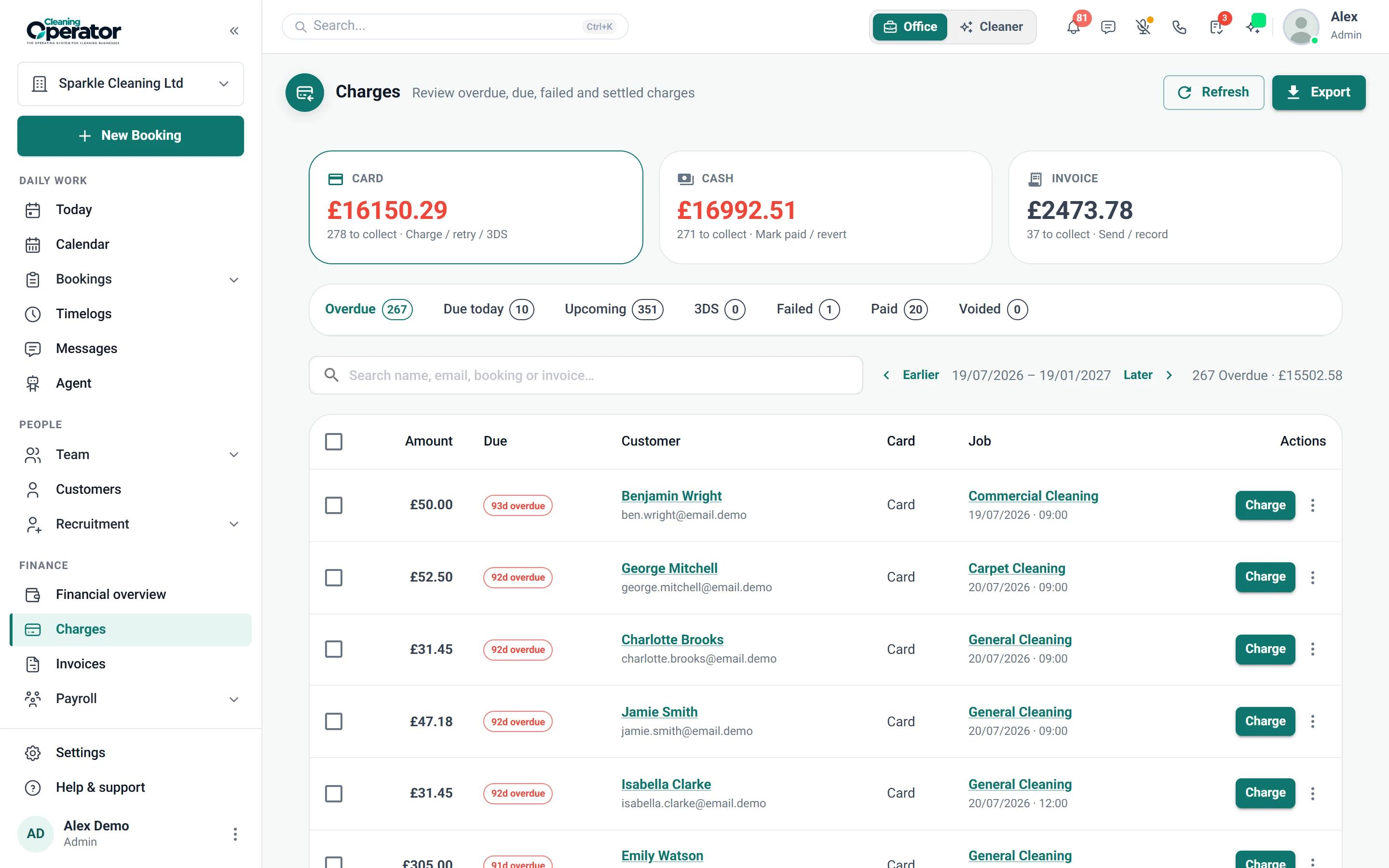 Screenshot of Bookings — Charges