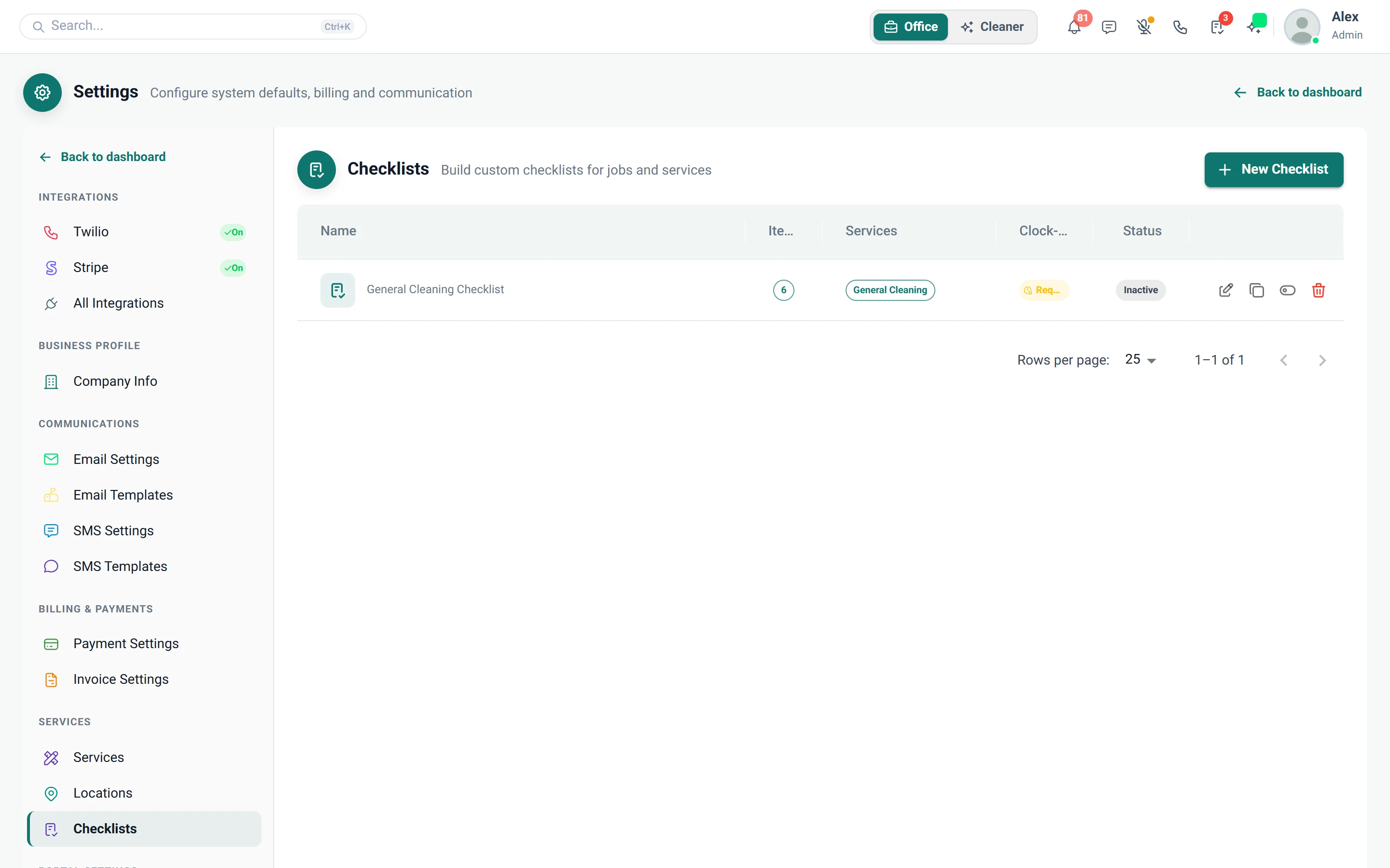 Screenshot of Settings — Checklists
