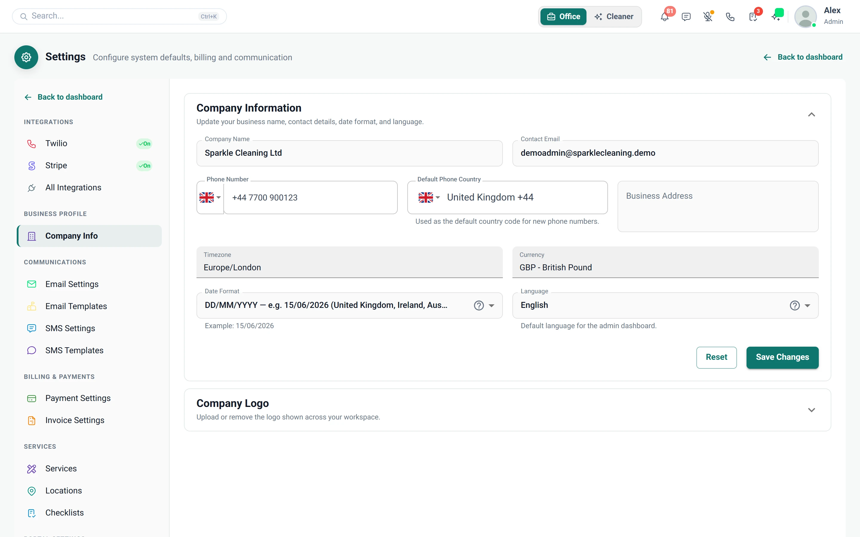 Screenshot of Settings — Company Info