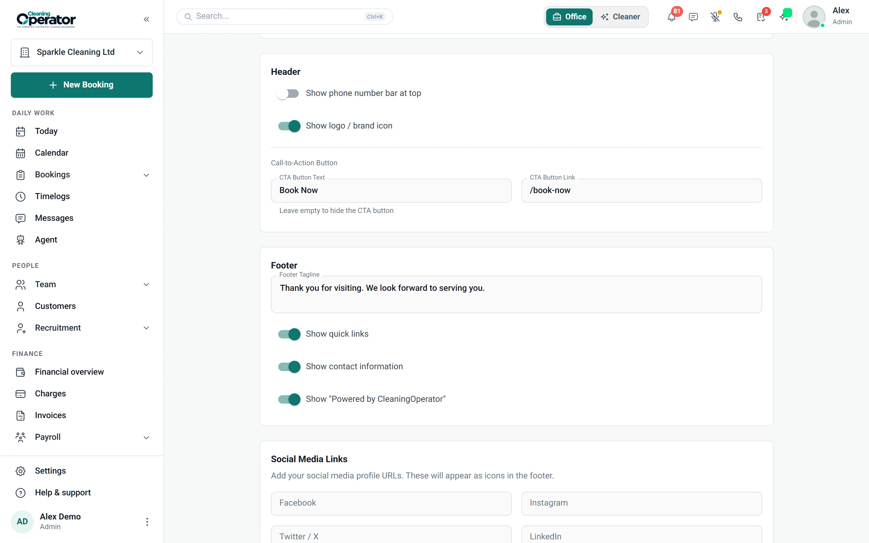 Screenshot of Settings — Website Builder